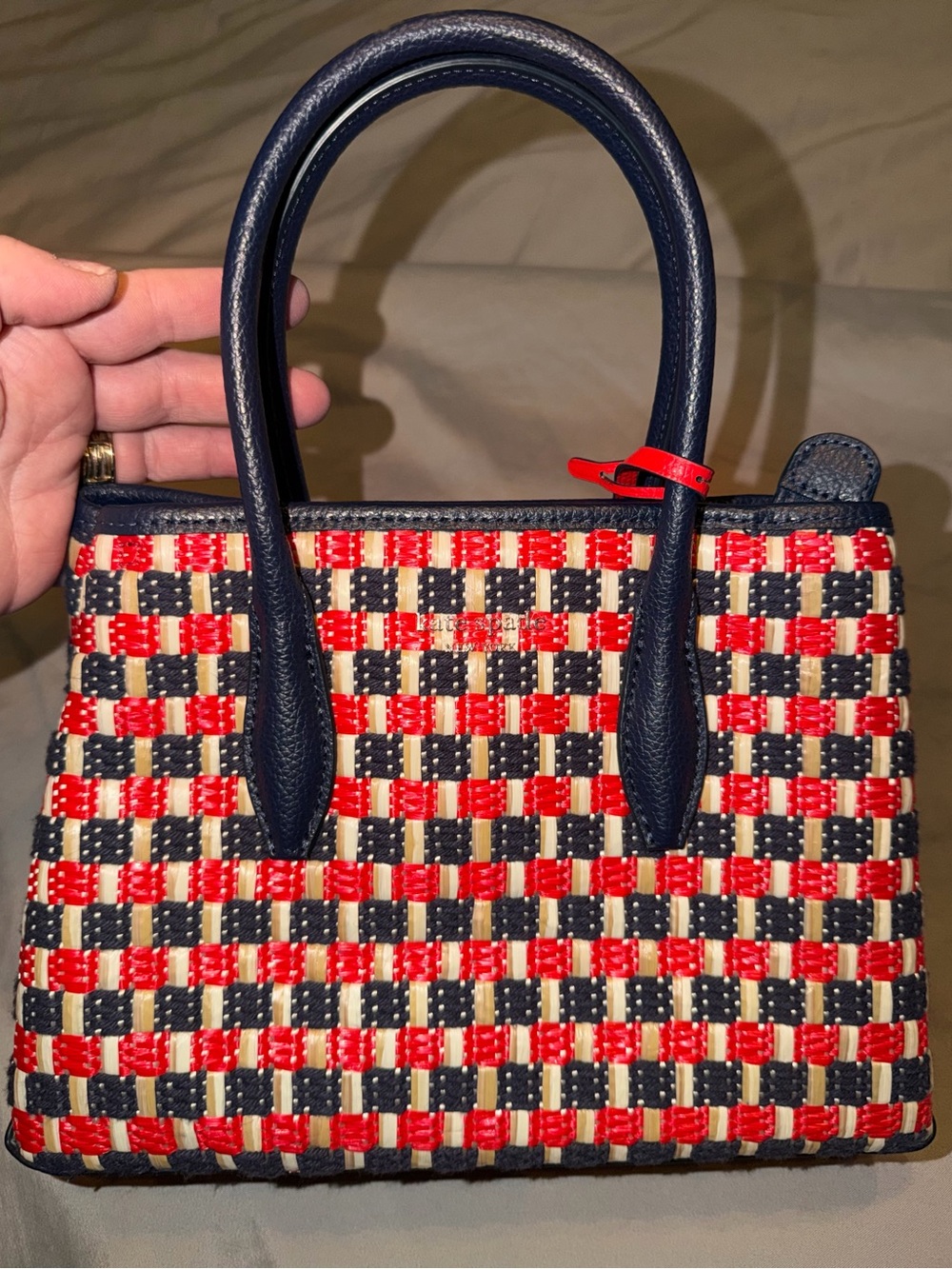 Kate Spade NWOT Woven Checker Tote Bag in Navy, Red & Cream